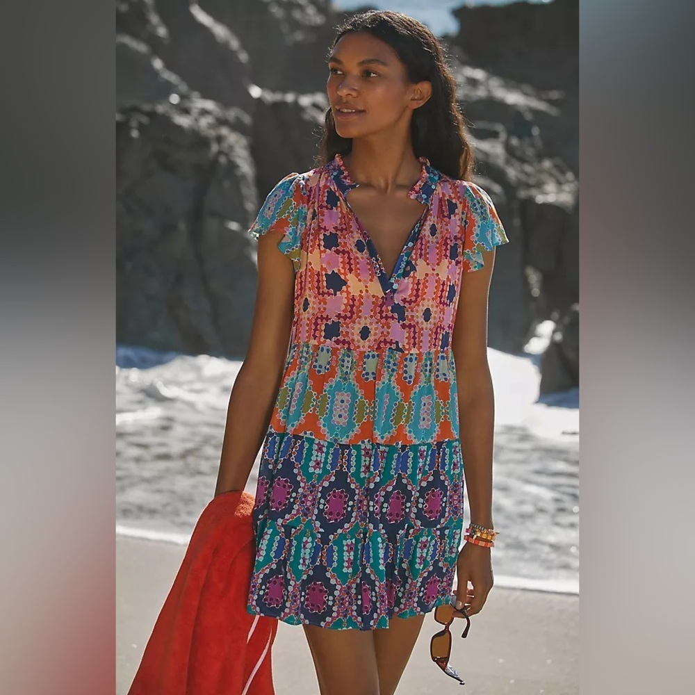 Anthropologie Multicolor Geometric Print Swim Coverup - Teal, Pink, Navy